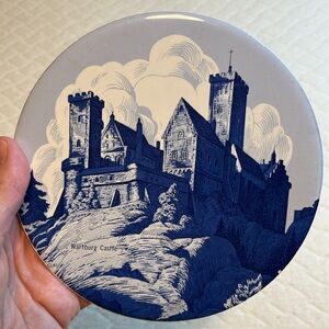 Wartburg Castle blue & white decorative trivet, cork backing, 6” diameter